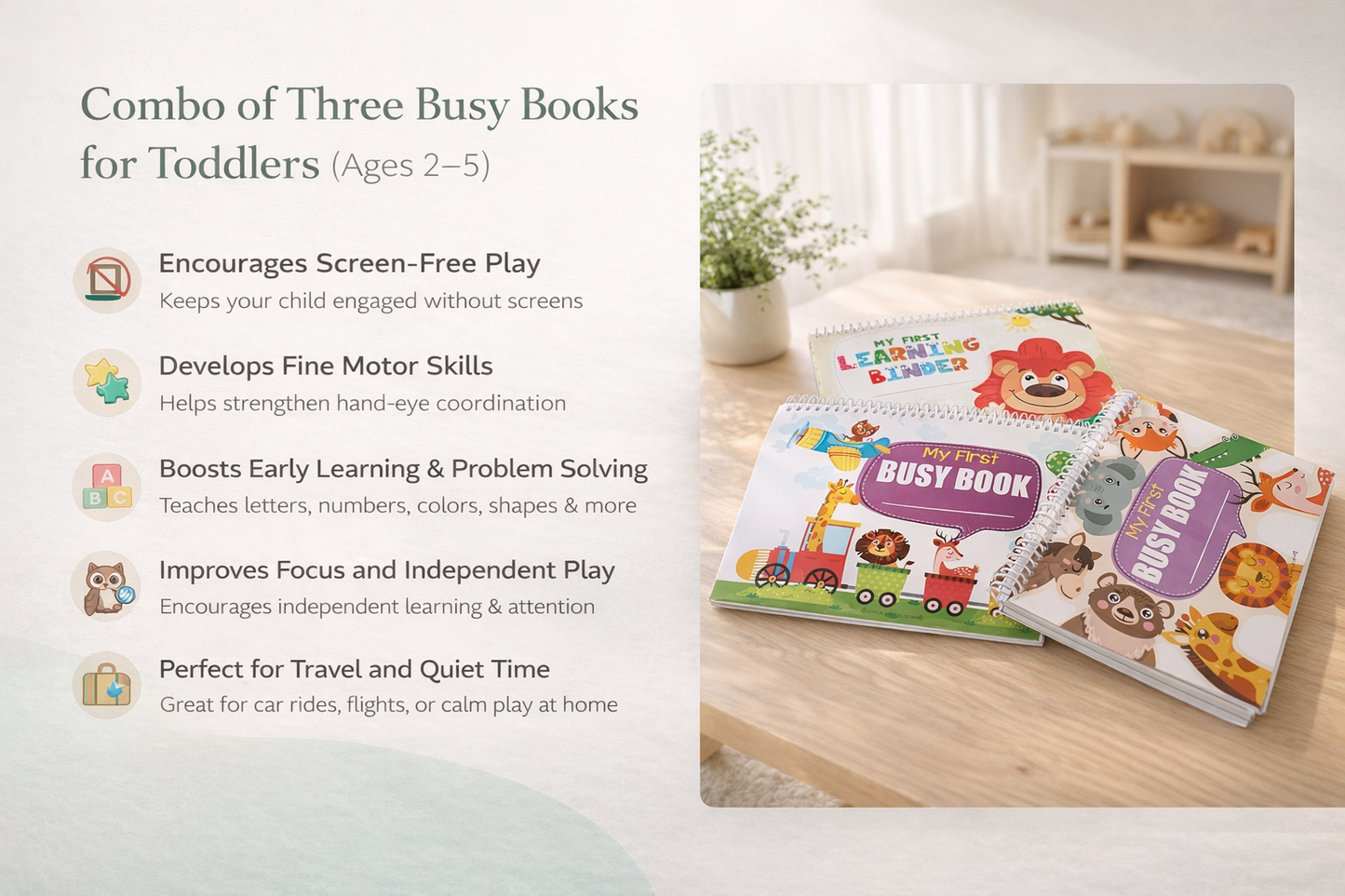 3-in-1 Toddler Busy Book Bundle - Montessori Quiet Book Set for Travel & Learning